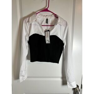 FB Sister Women's White Collared Long Sleeve Black Corset Crop Top Size M
